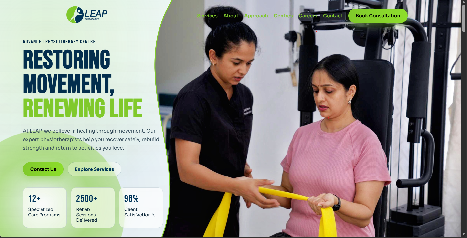 Leap Physiotherapy healthcare website interface designed by Noxus Creative